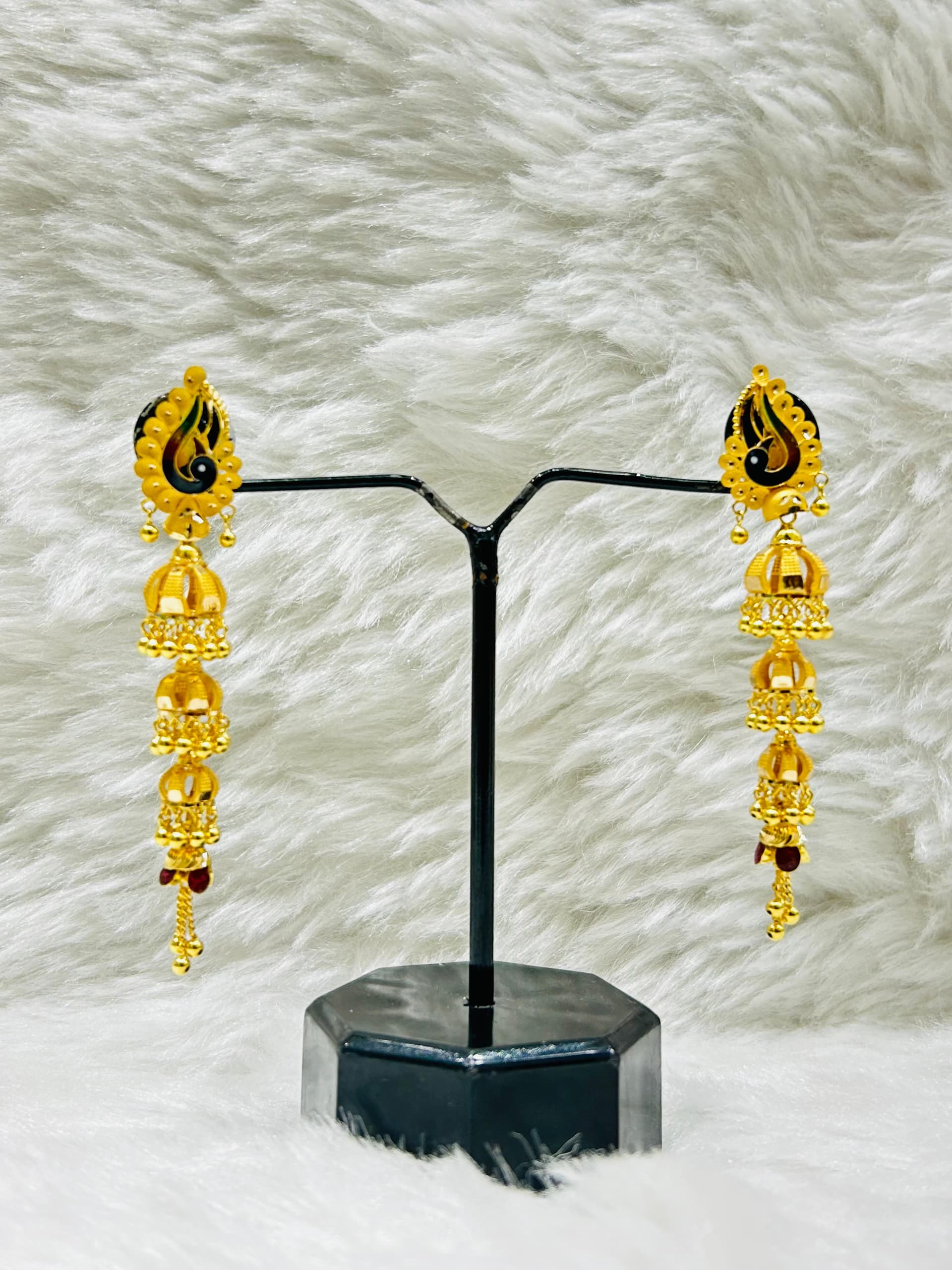 Triple Jhumka Black Peacock Earrings