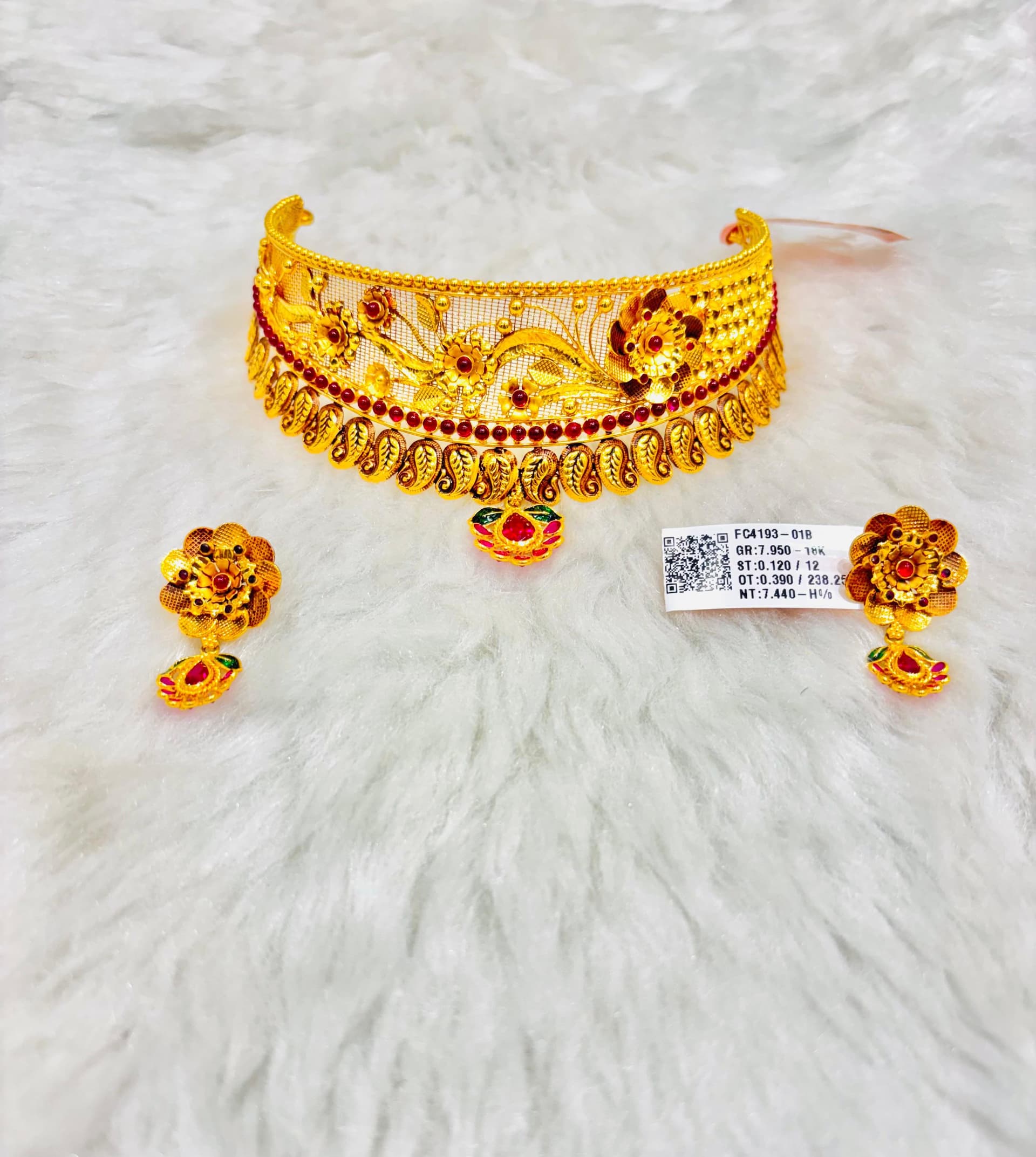 18K Red Green Enamel Choker Necklace Set